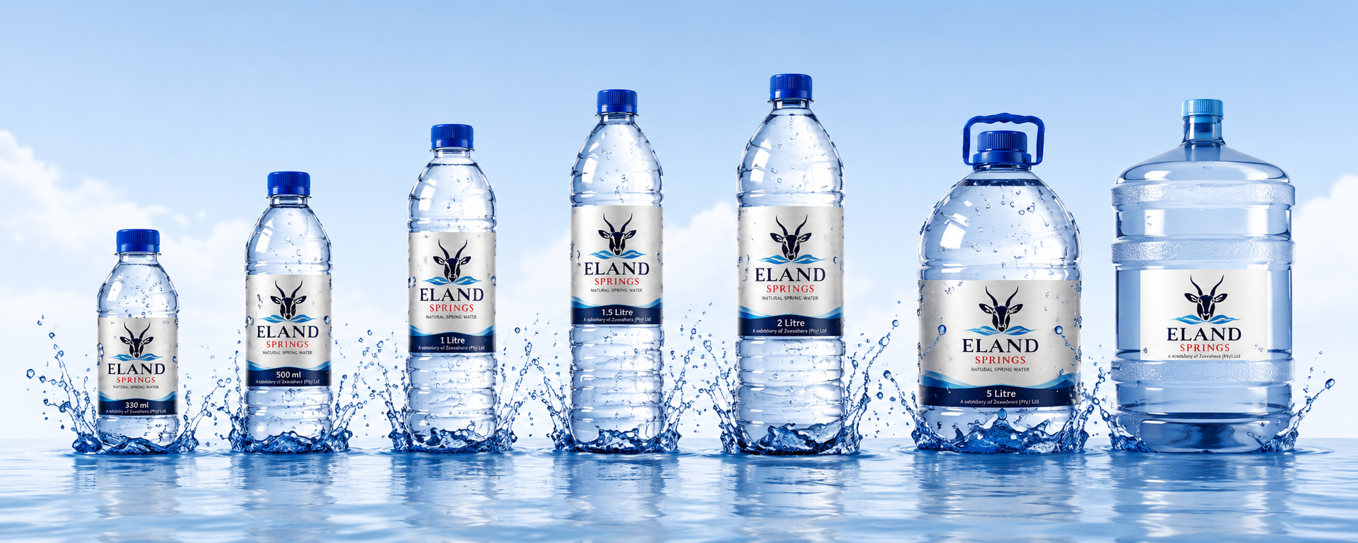 Eland Springs product range from 330ml to 20 litre bottles